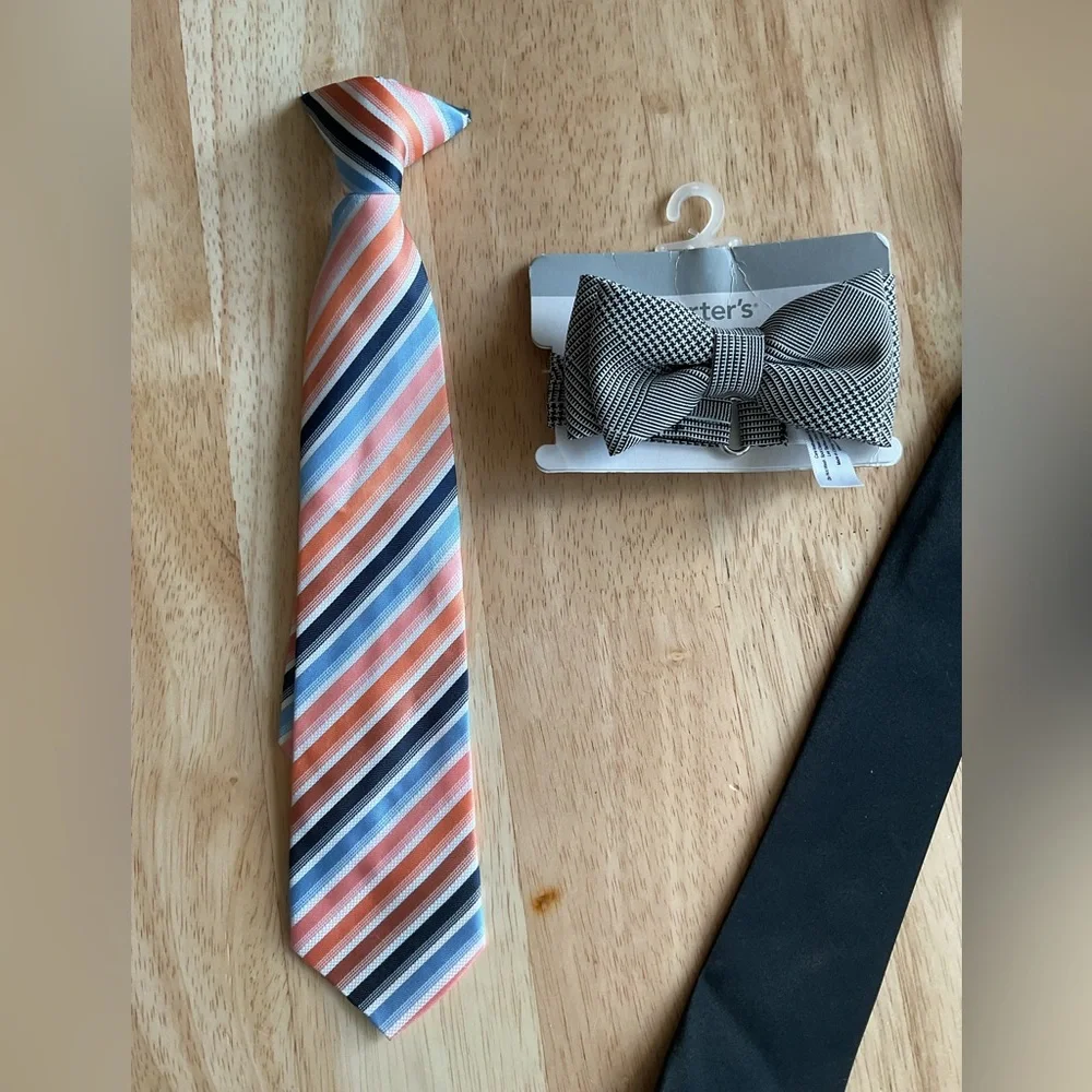 Lot x3 Clip-On Neckties Bow Ties Polyester Youth boys Black Blue Orange Striped